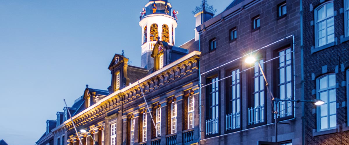 Roermond Town Hall illuminated at night, Netherlands